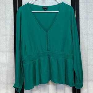 Torrid Green Lace Front Peplum Blouse V-Neck Long Sleeve Gathered Waist Top 2